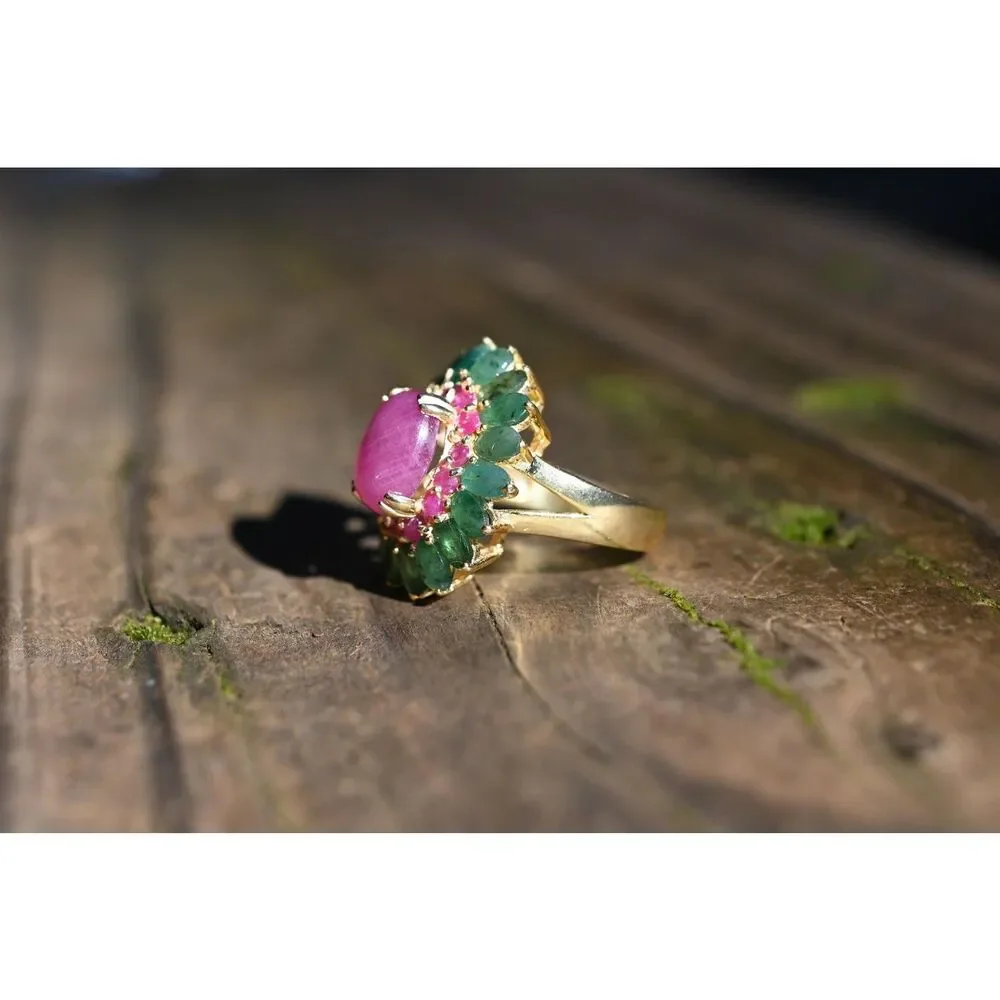 Ruby Emerald Floral Ring – Handmade Boho Statement Ring – Vintage Style Gemstone